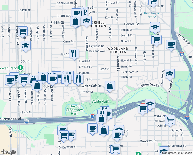 map of restaurants, bars, coffee shops, grocery stores, and more near 1016 East 6 1/2 Street in Houston