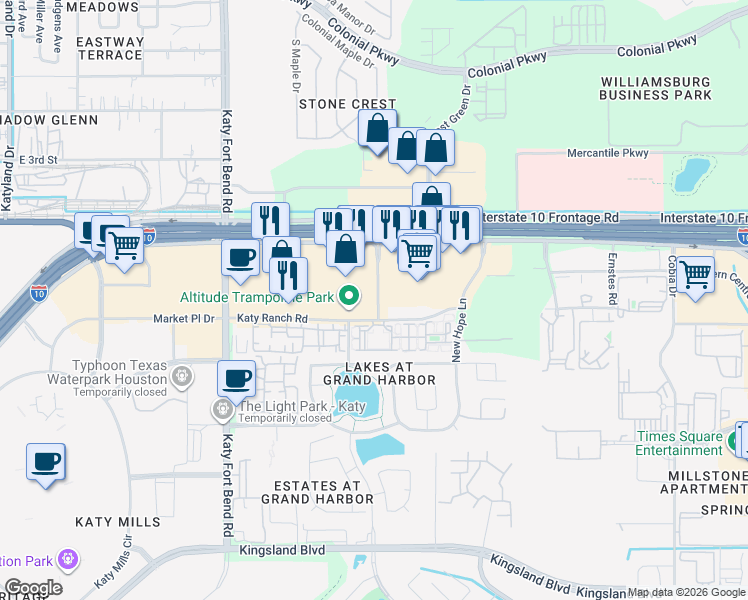 map of restaurants, bars, coffee shops, grocery stores, and more near 24900 Katy Freeway in Katy