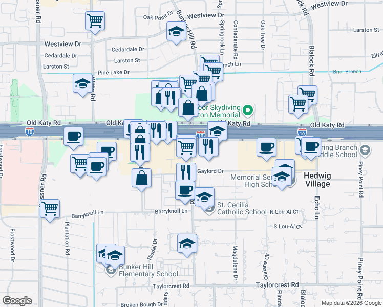 map of restaurants, bars, coffee shops, grocery stores, and more near 981 Bunker Hill Road in Houston