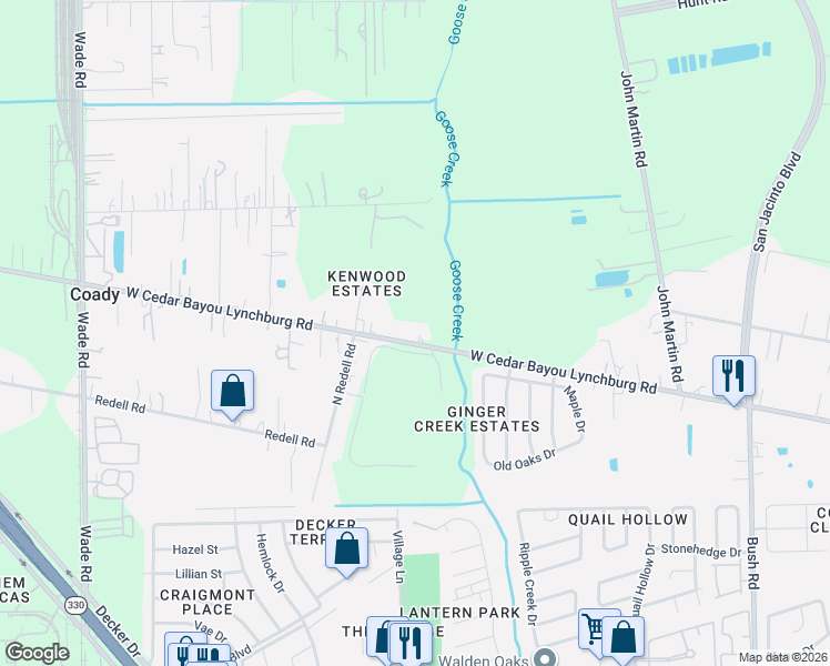 map of restaurants, bars, coffee shops, grocery stores, and more near 3418 West Cedar Bayou Lynchburg Road in Baytown