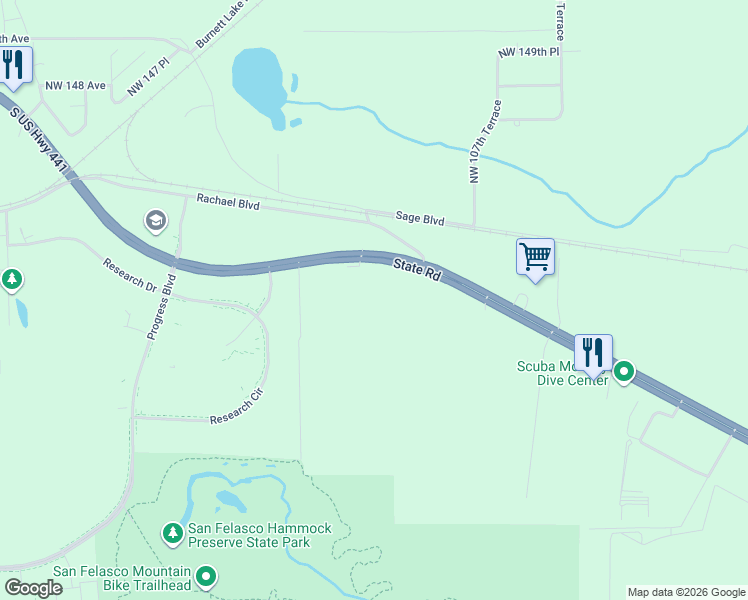 map of restaurants, bars, coffee shops, grocery stores, and more near 14018 Northwest US Highway 441 in Alachua
