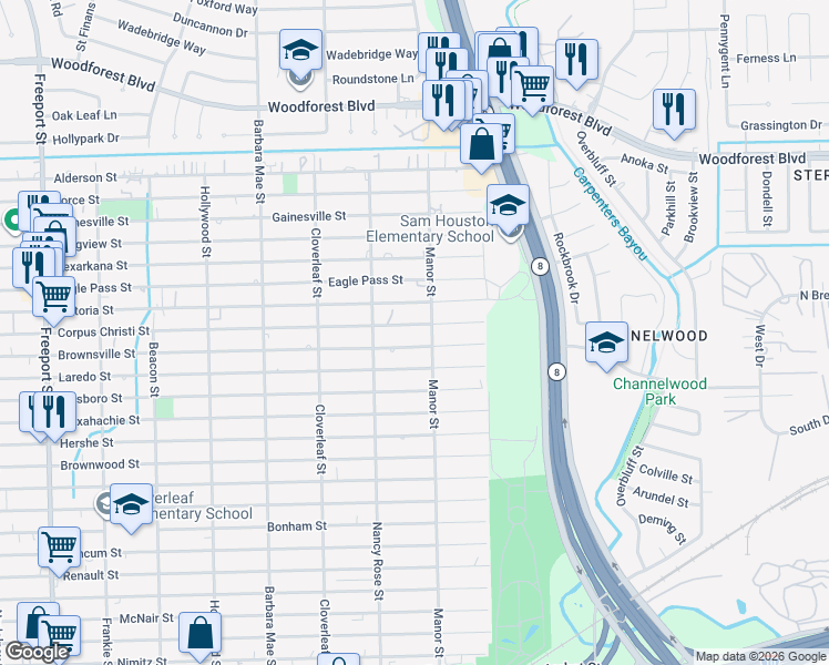 map of restaurants, bars, coffee shops, grocery stores, and more near 14523 Brownsville Street in Houston