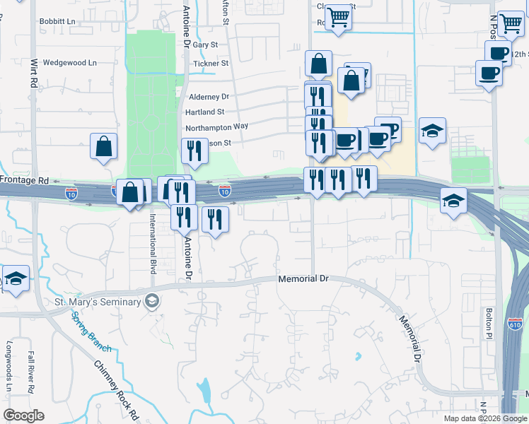 map of restaurants, bars, coffee shops, grocery stores, and more near 832 East Friar Tuck Lane in Houston