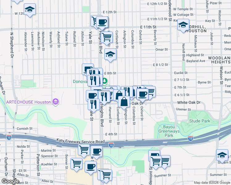 map of restaurants, bars, coffee shops, grocery stores, and more near 625 Cortlandt Street in Houston