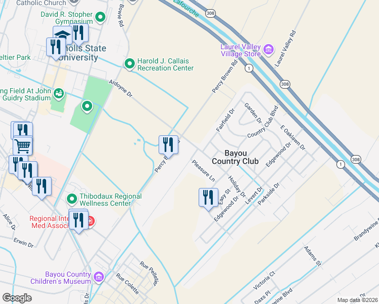 map of restaurants, bars, coffee shops, grocery stores, and more near 500-598 Fairway Dr in Thibodaux