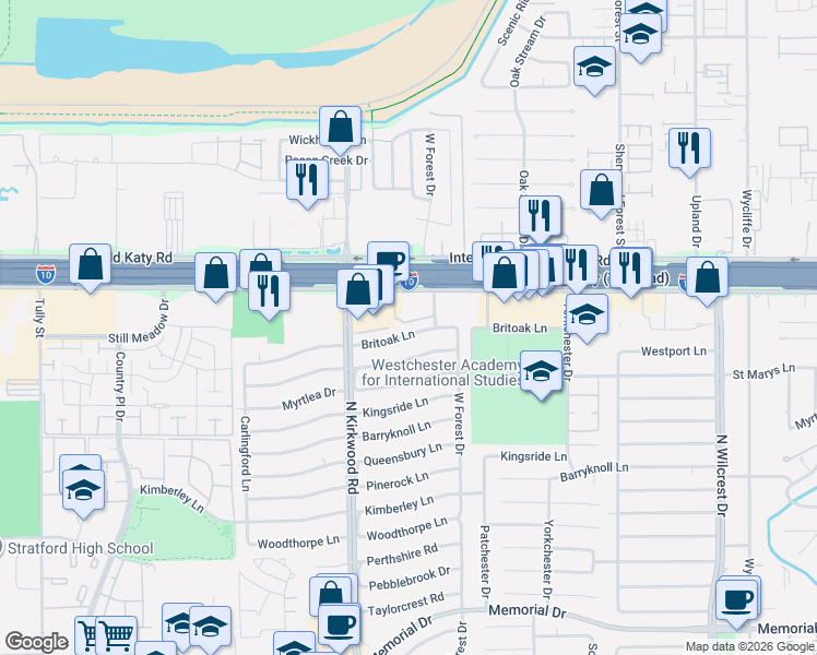 map of restaurants, bars, coffee shops, grocery stores, and more near 13831 Britoak Lane in Houston