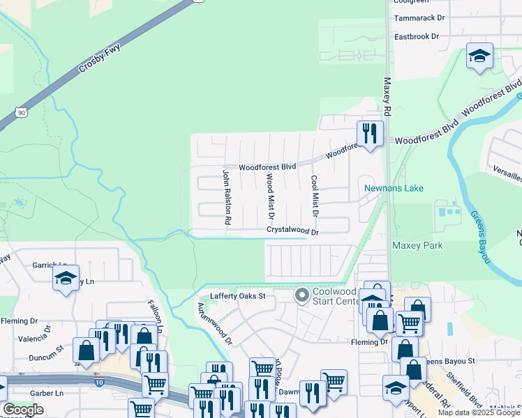 map of restaurants, bars, coffee shops, grocery stores, and more near 615 Wood Smoke Drive in Houston