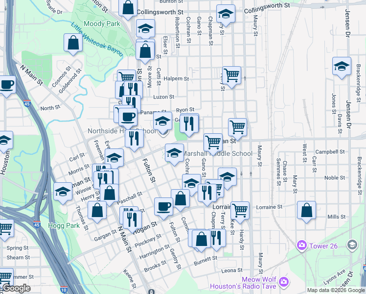 map of restaurants, bars, coffee shops, grocery stores, and more near 2315 Cochran Street in Houston