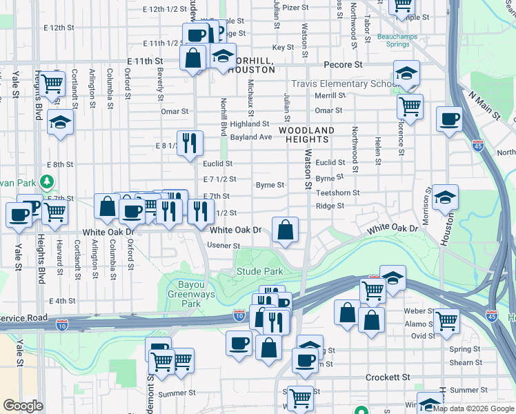 map of restaurants, bars, coffee shops, grocery stores, and more near 938 Ridge Street in Houston