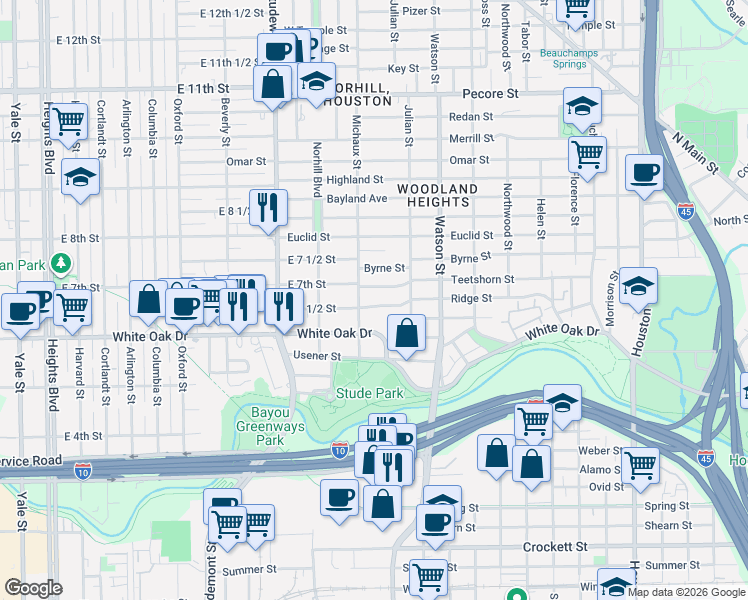 map of restaurants, bars, coffee shops, grocery stores, and more near 938 Ridge Street in Houston