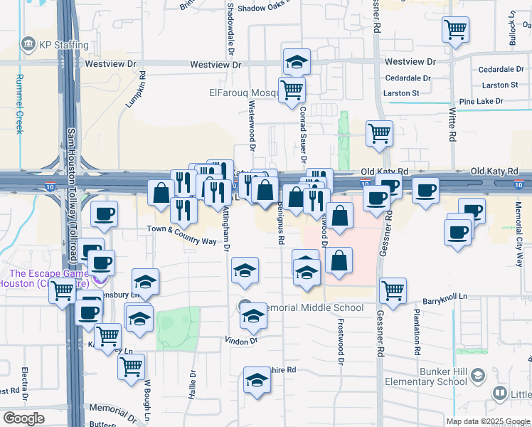 map of restaurants, bars, coffee shops, grocery stores, and more near 10321 Katy Freeway in Houston