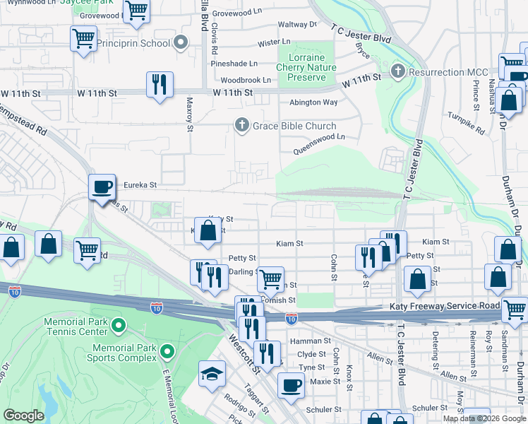map of restaurants, bars, coffee shops, grocery stores, and more near 2705 Sherwin Street in Houston