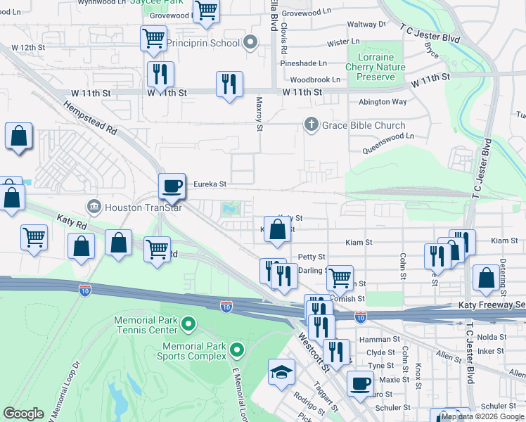 map of restaurants, bars, coffee shops, grocery stores, and more near 5923 Katy Street in Houston