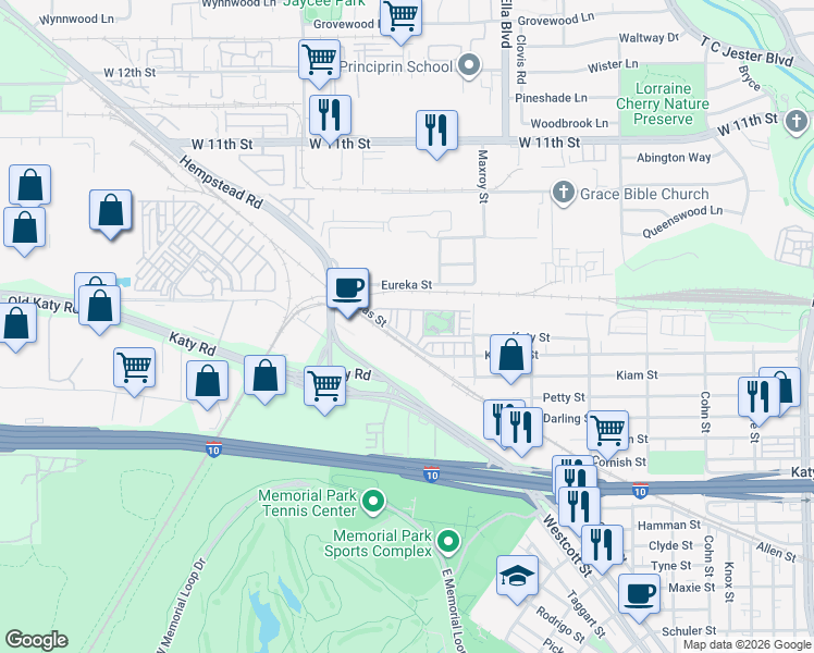 map of restaurants, bars, coffee shops, grocery stores, and more near 2702 Stelter Place in Houston