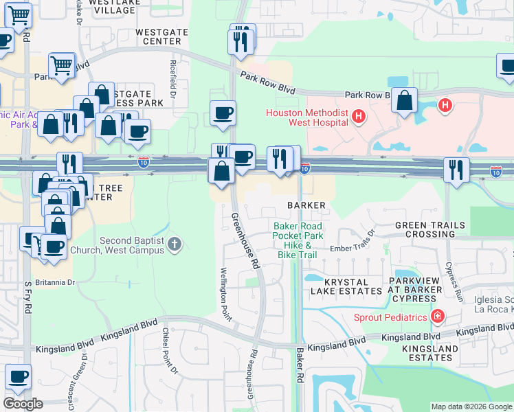 map of restaurants, bars, coffee shops, grocery stores, and more near 210 West Larah Lane in Houston