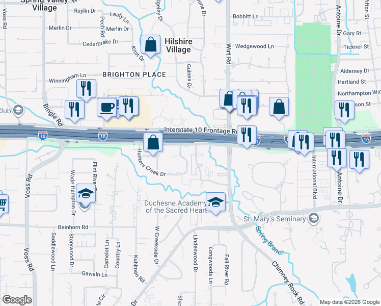 map of restaurants, bars, coffee shops, grocery stores, and more near 933 Hickory Hollow in Houston