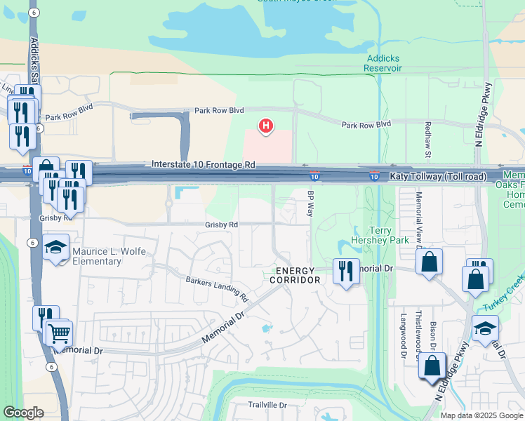 map of restaurants, bars, coffee shops, grocery stores, and more near 200 Westlake Park Boulevard in Houston