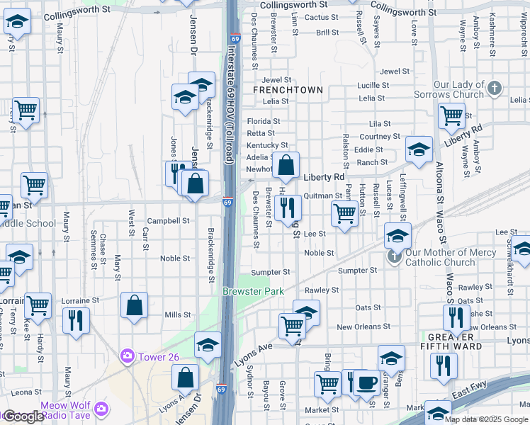 map of restaurants, bars, coffee shops, grocery stores, and more near 3028 Campbell Street in Houston