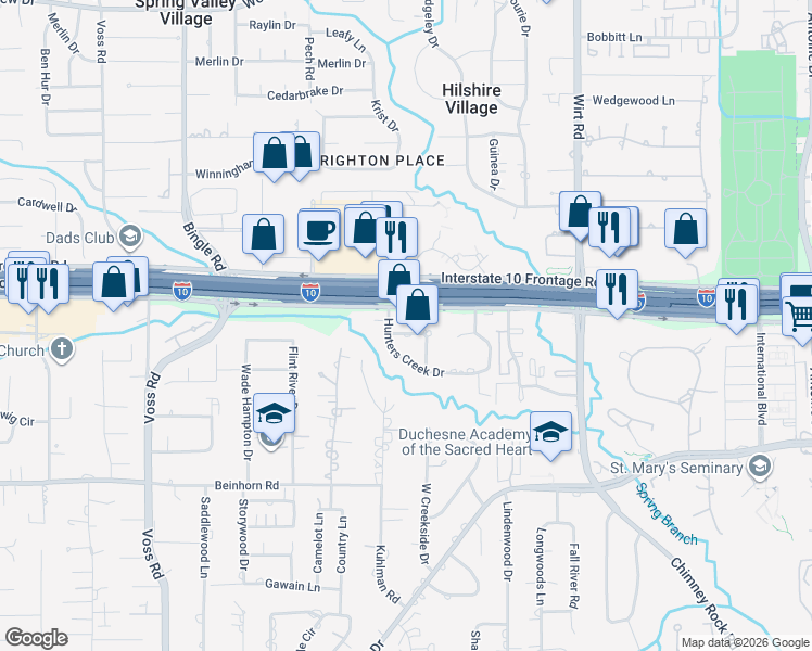map of restaurants, bars, coffee shops, grocery stores, and more near 943 Boros Drive in Houston