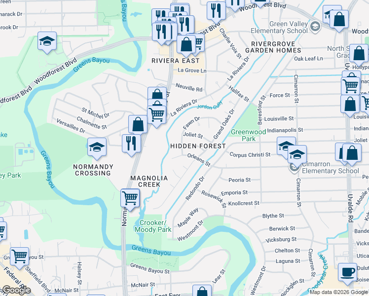 map of restaurants, bars, coffee shops, grocery stores, and more near 12839 Orleans Street in Houston