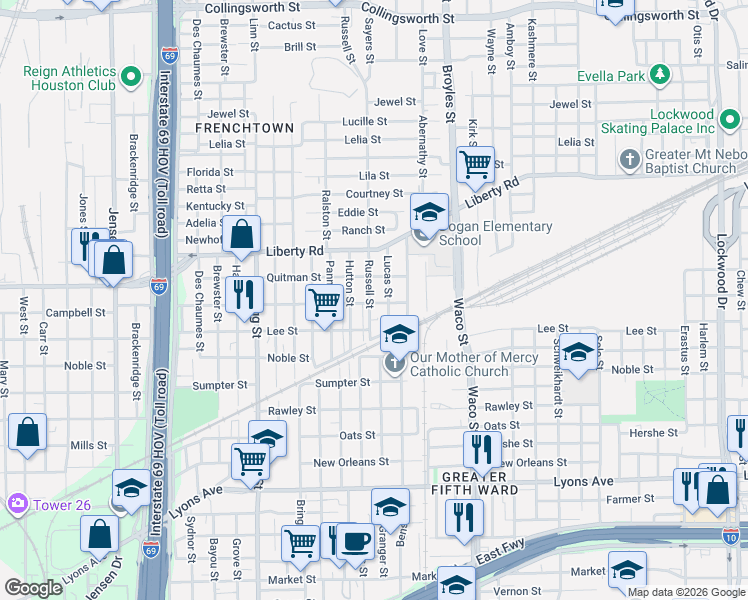 map of restaurants, bars, coffee shops, grocery stores, and more near 2217 Russell Street in Houston