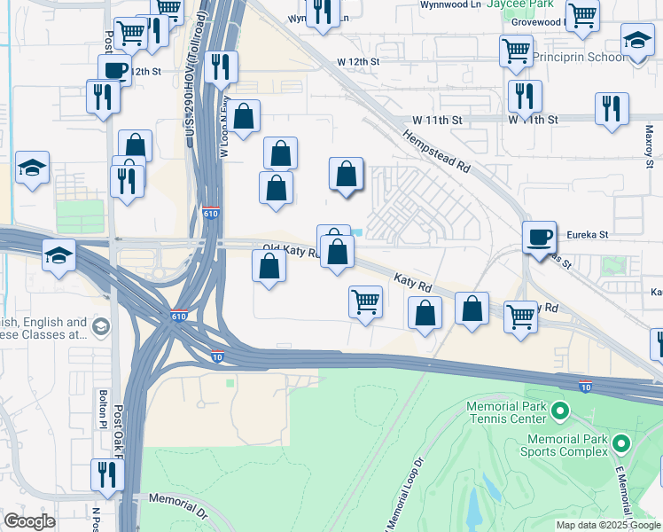 map of restaurants, bars, coffee shops, grocery stores, and more near 7105 Old Katy Road in Houston