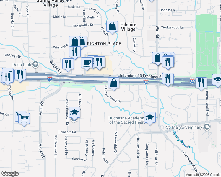 map of restaurants, bars, coffee shops, grocery stores, and more near 943 Boros Drive in Houston