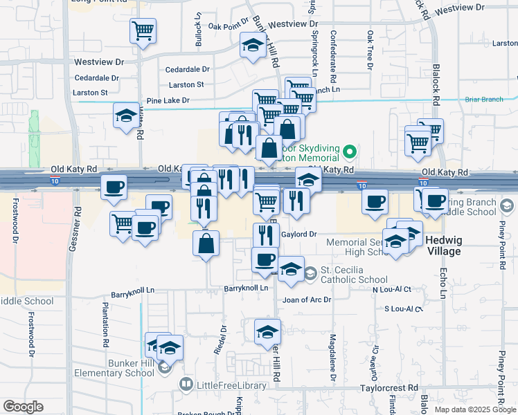 map of restaurants, bars, coffee shops, grocery stores, and more near 981 Bunker Hill Road in Houston
