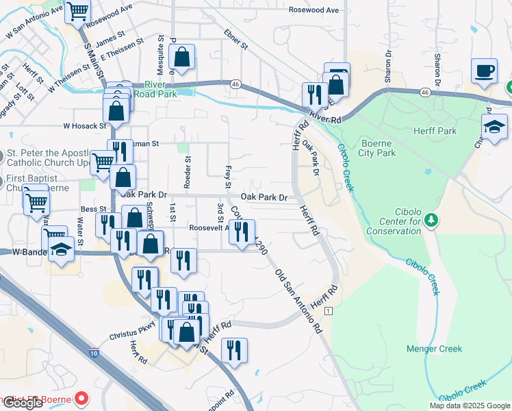 map of restaurants, bars, coffee shops, grocery stores, and more near 146 Whisper Way in Boerne