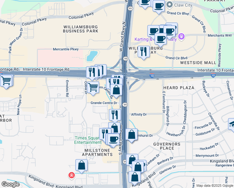 map of restaurants, bars, coffee shops, grocery stores, and more near 94 West Grand Parkway South in Katy