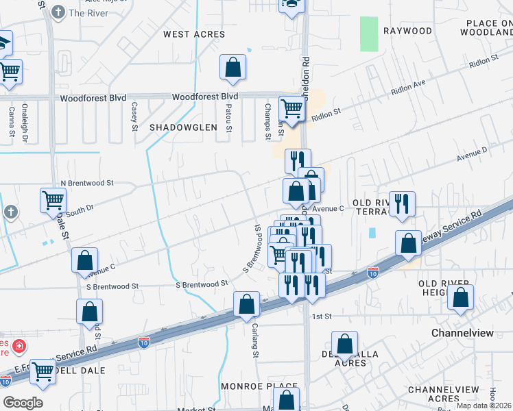 map of restaurants, bars, coffee shops, grocery stores, and more near 15728 Avenue C in Channelview