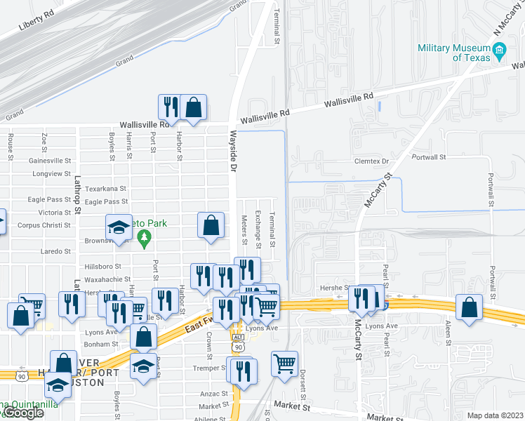 map of restaurants, bars, coffee shops, grocery stores, and more near 326 Exchange Street in Houston