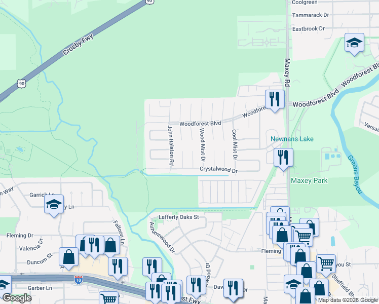map of restaurants, bars, coffee shops, grocery stores, and more near 623 Slumberwood Drive in Houston