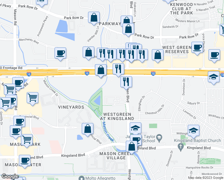 map of restaurants, bars, coffee shops, grocery stores, and more near 21001 Katy Freeway in Katy