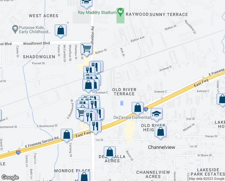 map of restaurants, bars, coffee shops, grocery stores, and more near 15907 Avenue C in Channelview