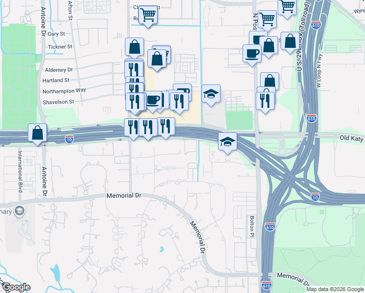 map of restaurants, bars, coffee shops, grocery stores, and more near 7555 Katy Freeway in Houston