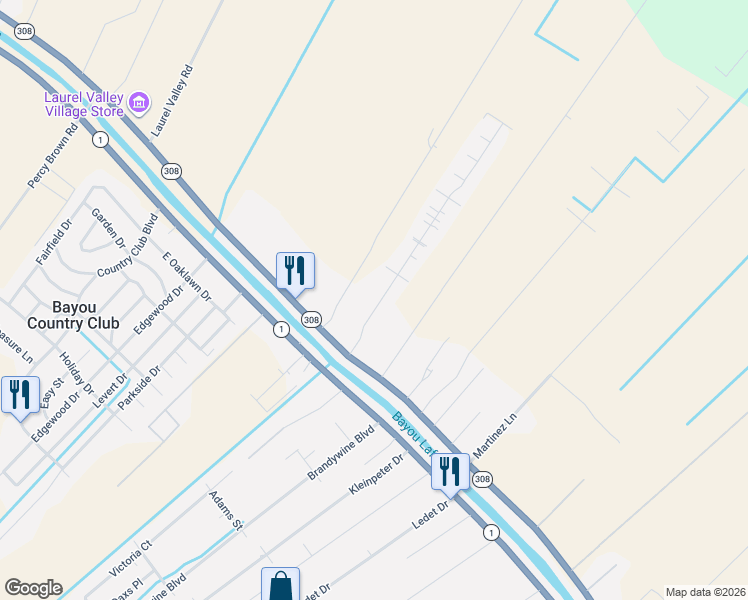 map of restaurants, bars, coffee shops, grocery stores, and more near 106 Marcello Boulevard in Thibodaux
