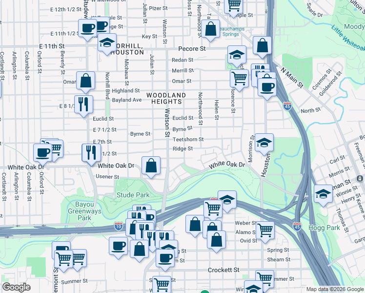 map of restaurants, bars, coffee shops, grocery stores, and more near 619 Wendel Street in Houston