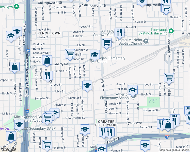 map of restaurants, bars, coffee shops, grocery stores, and more near 2207 Abernathy Street in Houston