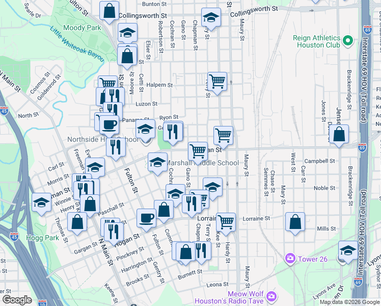 map of restaurants, bars, coffee shops, grocery stores, and more near 2305 Gano Street in Houston