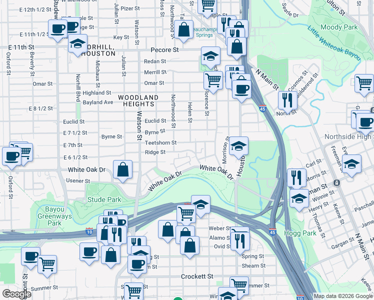 map of restaurants, bars, coffee shops, grocery stores, and more near 2704a North Sabine Street in Houston