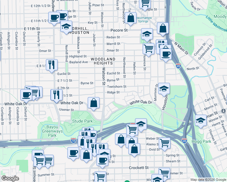 map of restaurants, bars, coffee shops, grocery stores, and more near 619 Wendel Street in Houston
