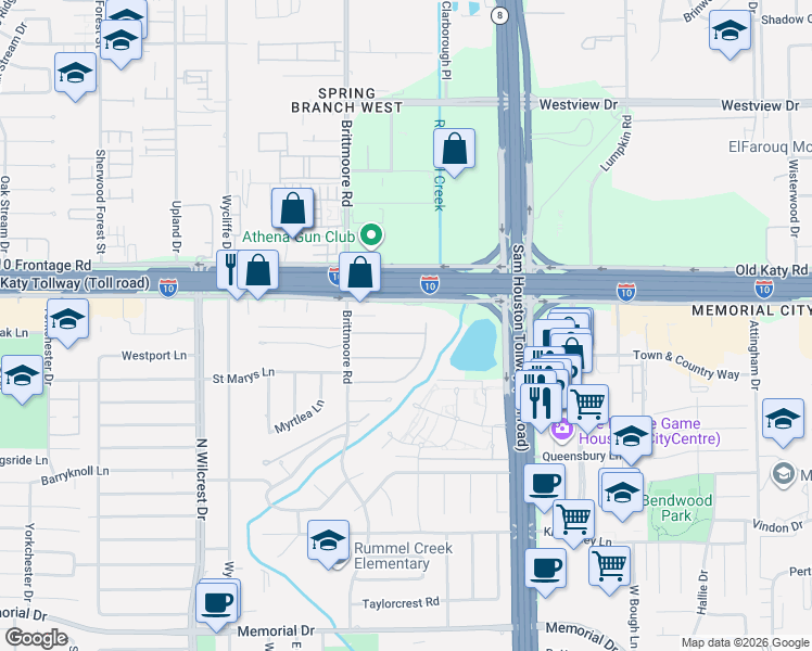 map of restaurants, bars, coffee shops, grocery stores, and more near 10823 Lasso Lane in Houston