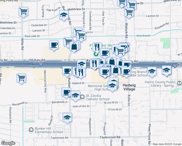 map of restaurants, bars, coffee shops, grocery stores, and more near 9525 Gaylord Drive in Houston