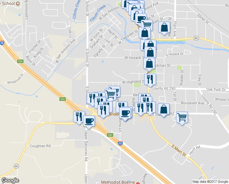 map of restaurants, bars, coffee shops, grocery stores, and more near 125 Francis Avenue in Boerne