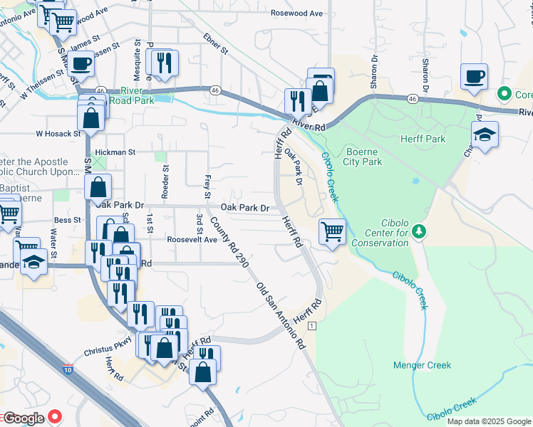 map of restaurants, bars, coffee shops, grocery stores, and more near 118 Whisper Way in Boerne