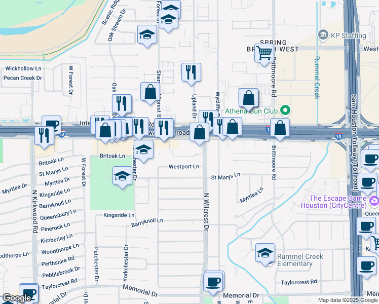 map of restaurants, bars, coffee shops, grocery stores, and more near 935 North Wilcrest Drive in Houston