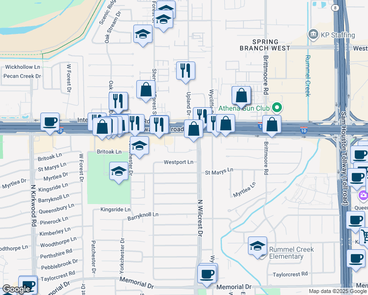 map of restaurants, bars, coffee shops, grocery stores, and more near 13318 Westport Lane in Houston