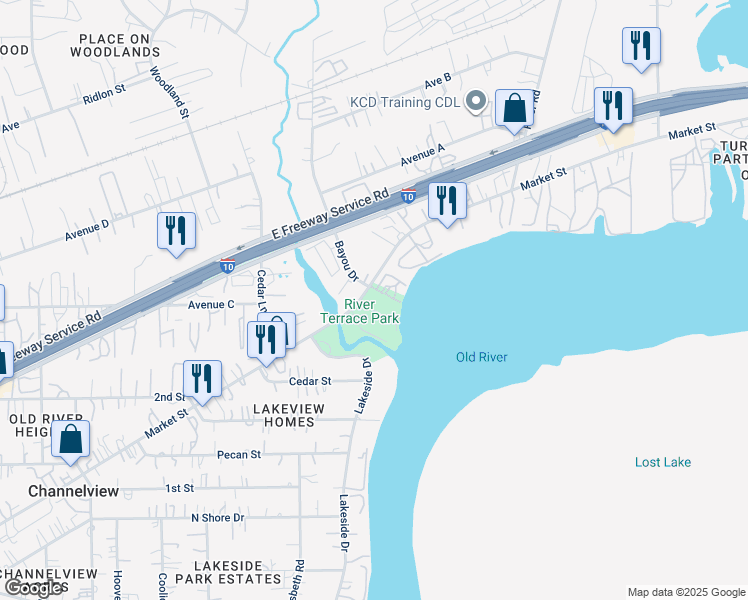 map of restaurants, bars, coffee shops, grocery stores, and more near 16616 Market Street in Channelview