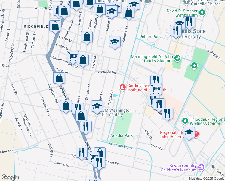 map of restaurants, bars, coffee shops, grocery stores, and more near 1301-1447 Cardinal Drive in Thibodaux